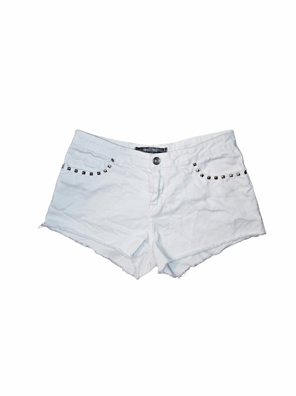 Cute Y2k White Studded Frayed Hem Denim Shorts!